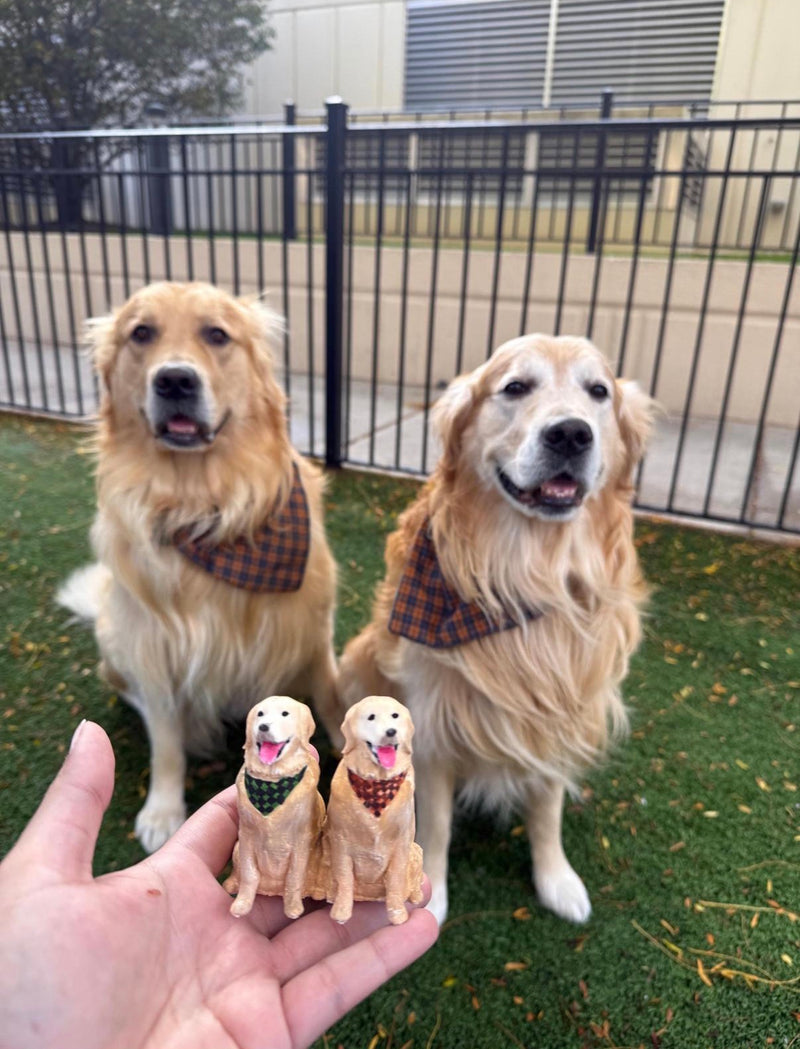 Two hand-painted custom 3D printed golden retriever figurines held in front of the two real golden retrievers they were made from, both wearing plaid bandanas